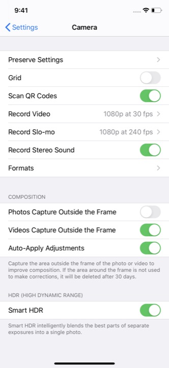 Camera Settings Light on iPhone 11 running iOS 13.5.1