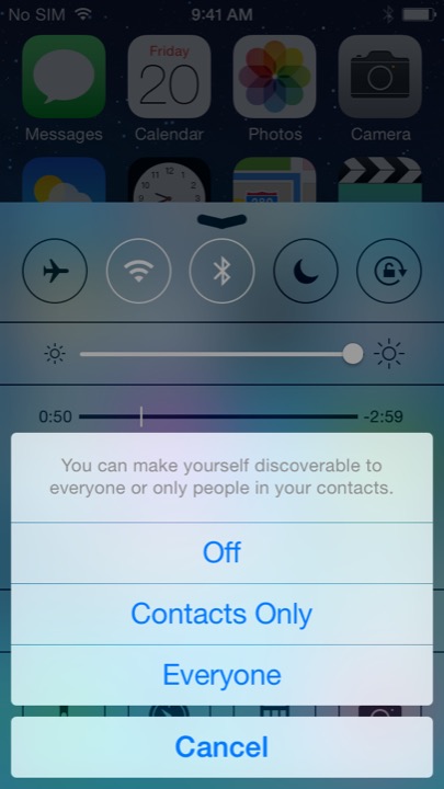 AirDrop Options on iPhone 5S + iPhone 5C running iOS 7.1.1