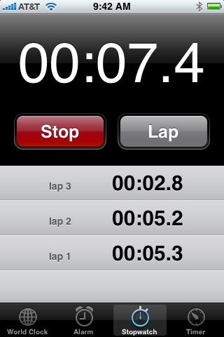 Active Stopwatch on iPhone (1st generation) running iPhone OS 1.0