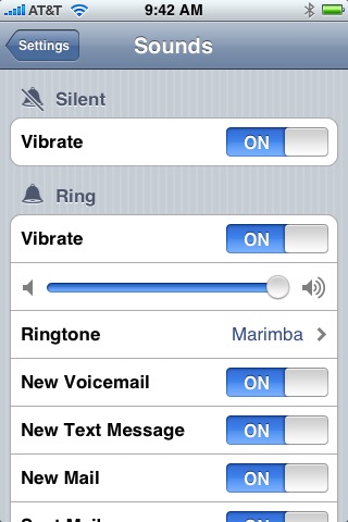Sounds Settings on iPhone (1st generation) running iPhone OS 1.0