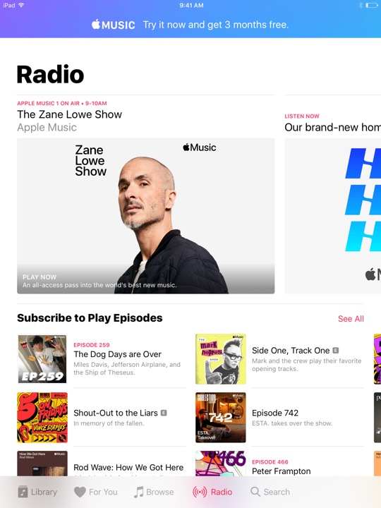 Apple Music Radio on iPad (5th generation) + iPad mini 4 running iOS 10.3.3