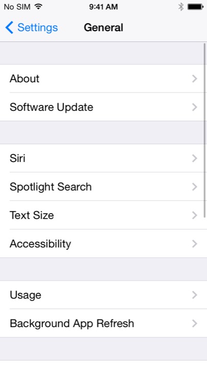 General Settings on iPhone 5S + iPhone 5C running iOS 7.1.1