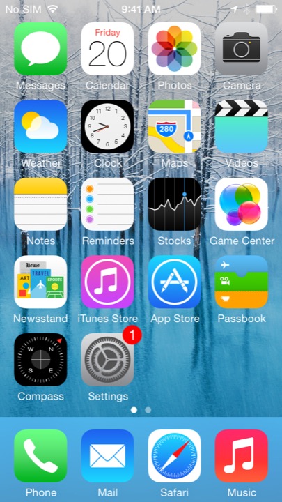 Winter Lake Home Screen on iPhone 5S + iPhone 5C running iOS 7.1.1