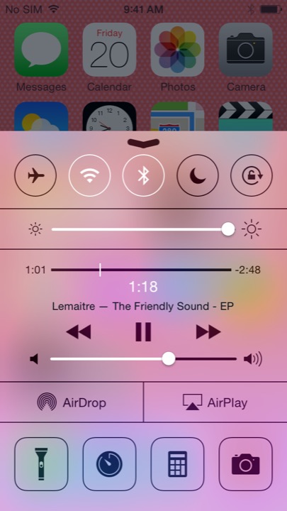5C Pink Control Center on iPhone 5S + iPhone 5C running iOS 7.1.1