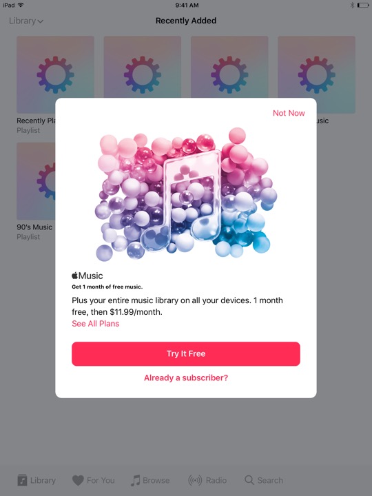 Apple Music Popup on iPad (5th generation) + iPad mini 4 running iOS 10.3.3