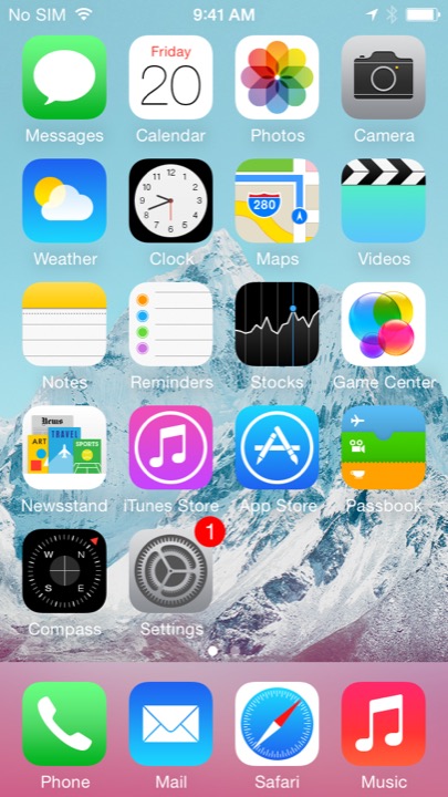 Mountains Home Screen on iPhone 5S + iPhone 5C running iOS 7.1.1