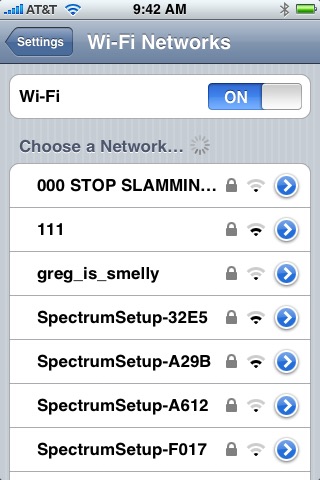 Wi-Fi Settings on iPhone (1st generation) running iPhone OS 1.0