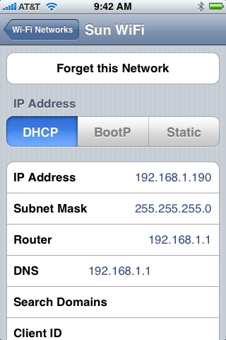Wi-Fi Connection Settings on iPhone (1st generation) running iPhone OS 1.0