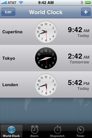 World Clock on iPhone (1st generation) running iPhone OS 1.0