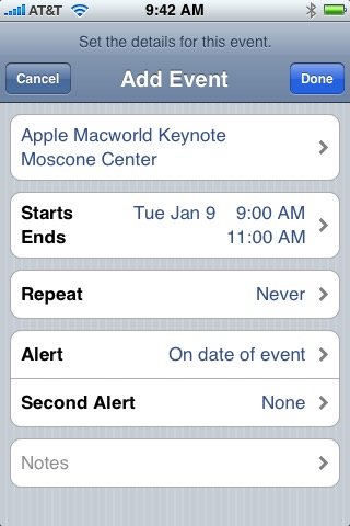 New Calendar Event on iPhone (1st generation) running iPhone OS 1.0