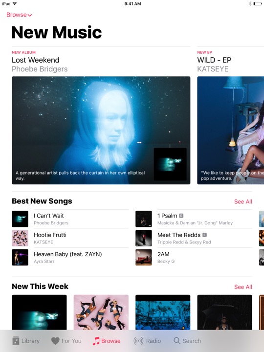 Apple Music Browse on iPad (5th generation) + iPad mini 4 running iOS 10.3.3