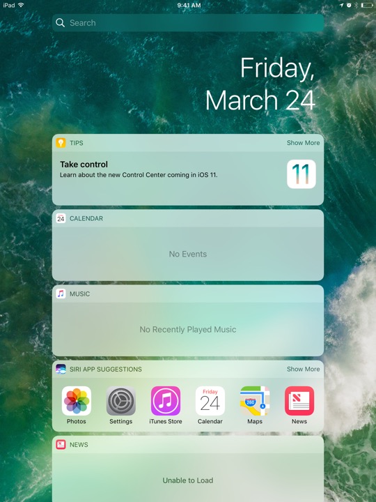 Lock Screen Widgets on iPad (5th generation) + iPad mini 4 running iOS 10.3.3