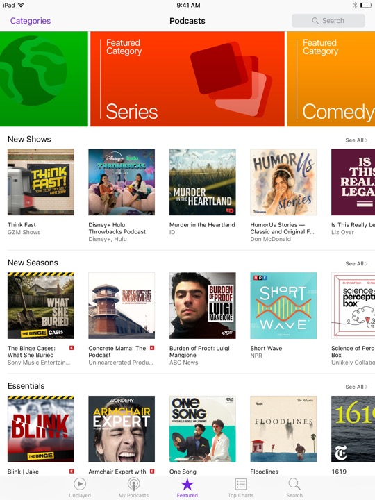 Podcasts Browse on iPad (5th generation) + iPad mini 4 running iOS 10.3.3