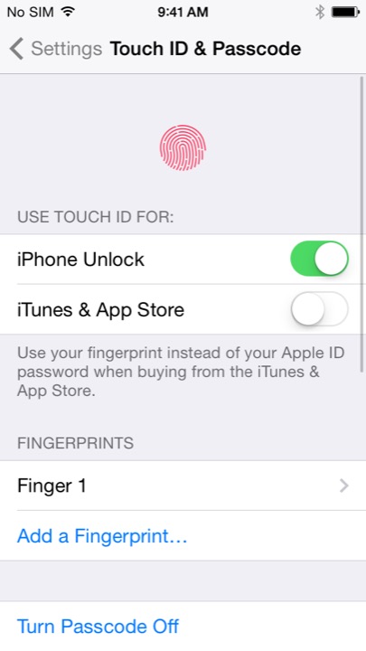 Touch ID Settings on iPhone 5S + iPhone 5C running iOS 7.1.1