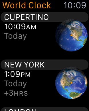 World Clock on Apple Watch (1st generation) 42mm running watchOS 1.0.1