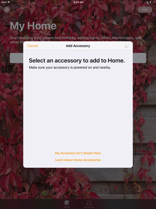 Home Add Accessory on iPad (5th generation) + iPad mini 4 running iOS 10.3.3