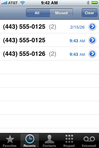 Phone Recents on iPhone (1st generation) running iPhone OS 1.0