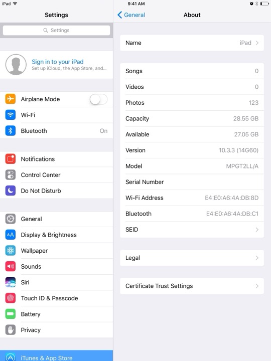 About Settings on iPad (5th generation) + iPad mini 4 running iOS 10.3.3