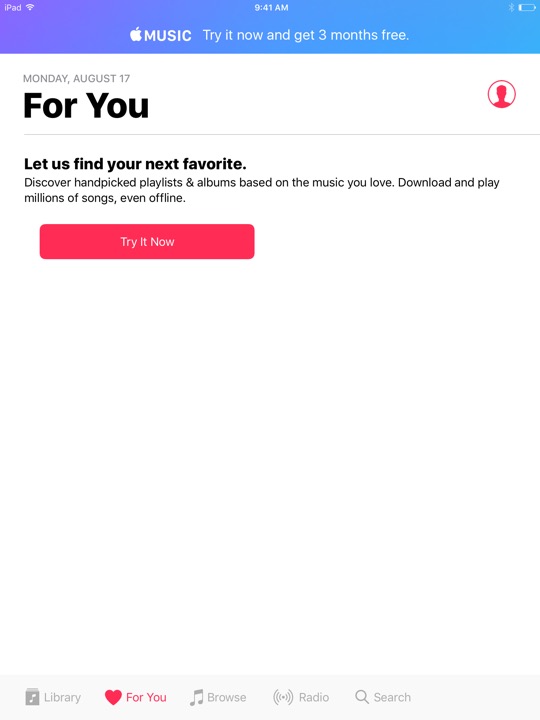 Apple Music For You on iPad (5th generation) + iPad mini 4 running iOS 10.3.3