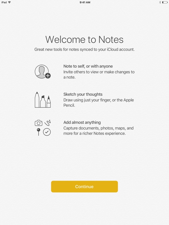 Notes Welcome on iPad (5th generation) + iPad mini 4 running iOS 10.3.3