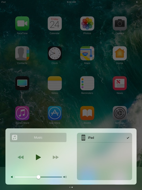 Control Center Now Playing Portrait on iPad (5th generation) + iPad mini 4 running iOS 10.3.3