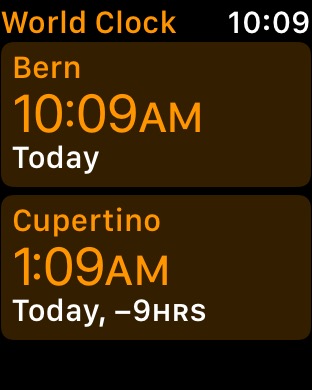World Clock on Apple Watch Series 3 (42mm) running watchOS 4.3.1
