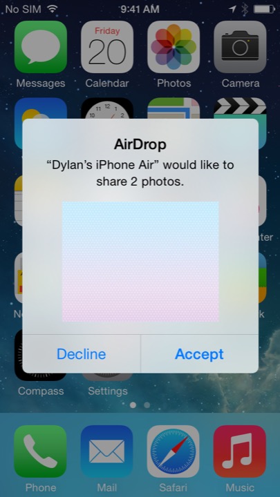 AirDrop Alert on iPhone 5S + iPhone 5C running iOS 7.1.1
