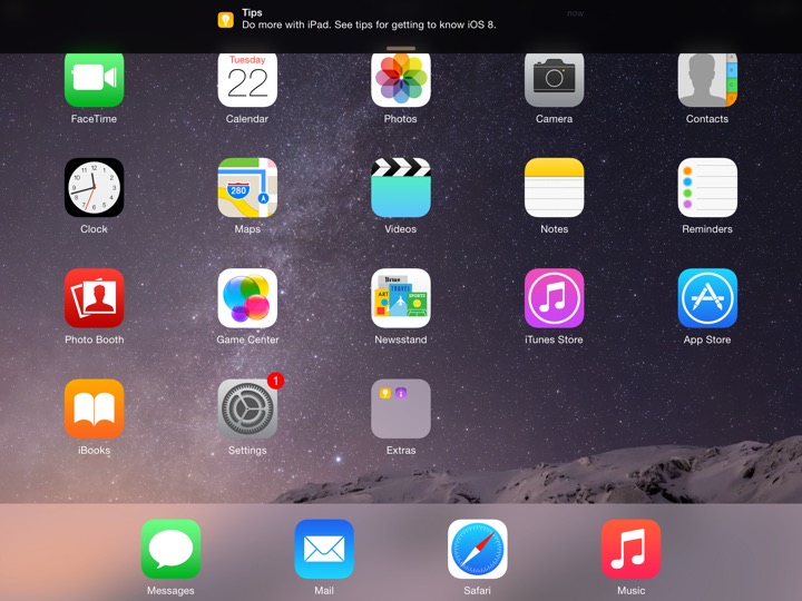 Notification Landscape on iPad Air 2 + iPad mini 3 running iOS 8.0