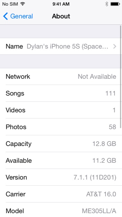 About Settings on iPhone 5S + iPhone 5C running iOS 7.1.1