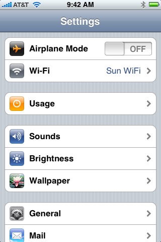 Settings on iPhone (1st generation) running iPhone OS 1.0