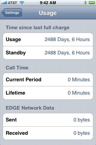 Usage Settings on iPhone (1st generation) running iPhone OS 1.0