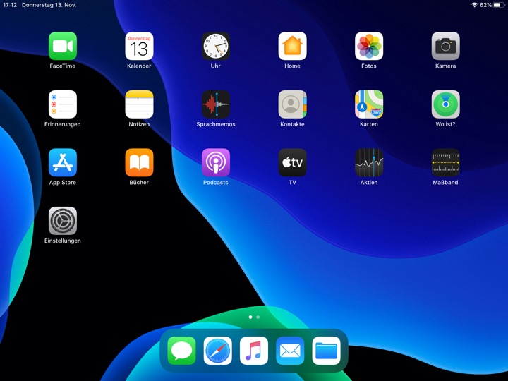 Home Screen Dark Landscape on iPad (7th generation) running iPadOS 13