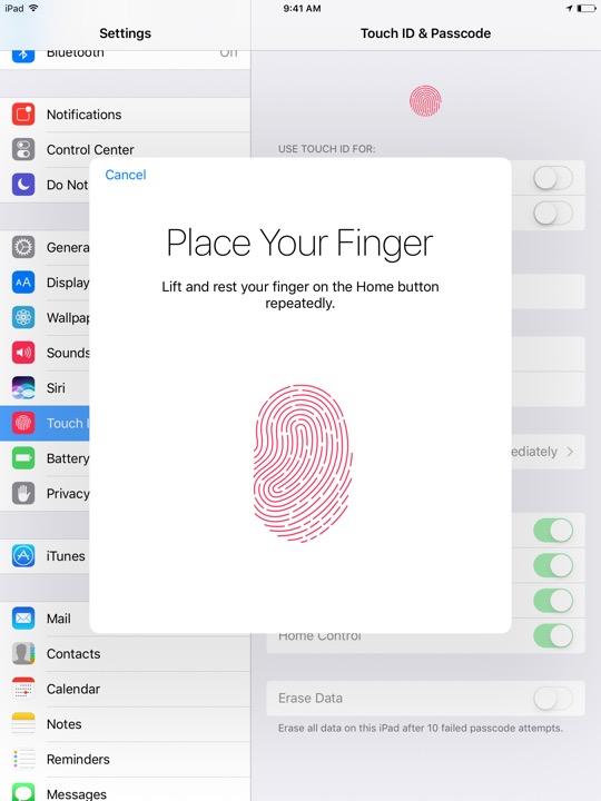 Touch ID Setup 2 on iPad (5th generation) + iPad mini 4 running iOS 10.3.3