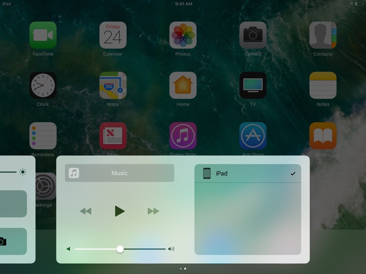 Control Center Now Playing Landscape on iPad (5th generation) + iPad mini 4 running iOS 10.3.3
