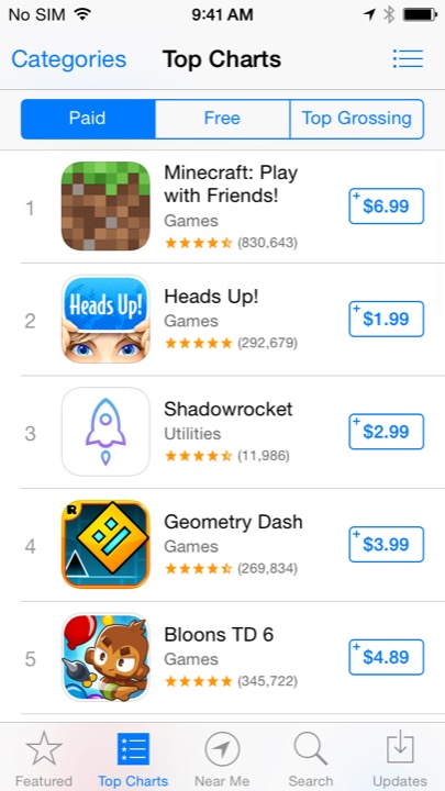 App Store Top Charts on iPhone 5S + iPhone 5C running iOS 7.1.1