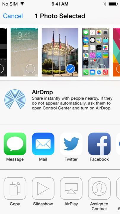 Share Sheet on iPhone 5S + iPhone 5C running iOS 7.1.1