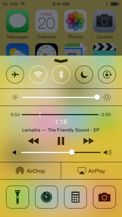 5C Yellow Control Center on iPhone 5S + iPhone 5C running iOS 7.1.1