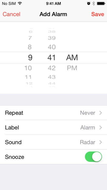 Clock Set Alarm on iPhone 5S + iPhone 5C running iOS 7.1.1