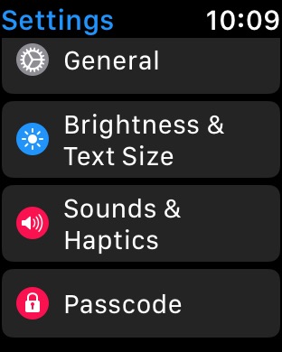 Settings Scrolled 2 on Apple Watch Series 3 (42mm) running watchOS 4.3.1