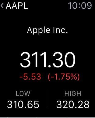 Stocks Details on Apple Watch (1st generation) 42mm running watchOS 1.0.1
