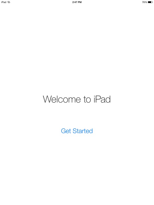 Setup Welcome to iPad on iPad Air 2 + iPad mini 3 running iOS 8.0