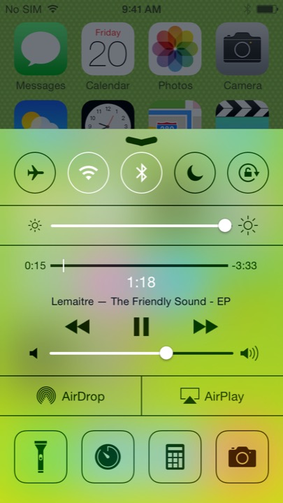 5C Green Control Center on iPhone 5S + iPhone 5C running iOS 7.1.1