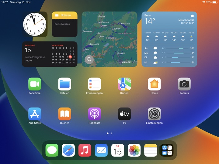 Home Screen Dark Landscape on iPad 9.7-inch + 7.9-inch running iPadOS 16