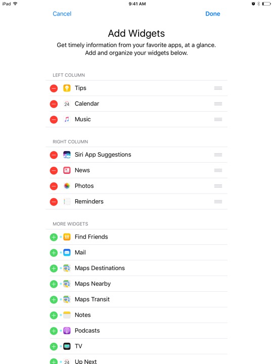 Edit Widgets on iPad (5th generation) + iPad mini 4 running iOS 10.3.3