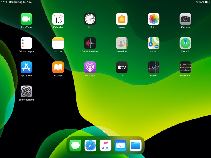 Home Screen Dark Landscape on iPad (7th generation) running iPadOS 13