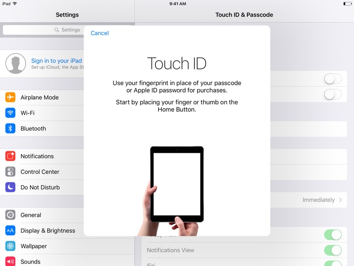 Touch ID Setup 1 Landscape on iPad (5th generation) + iPad mini 4 running iOS 10.3.3