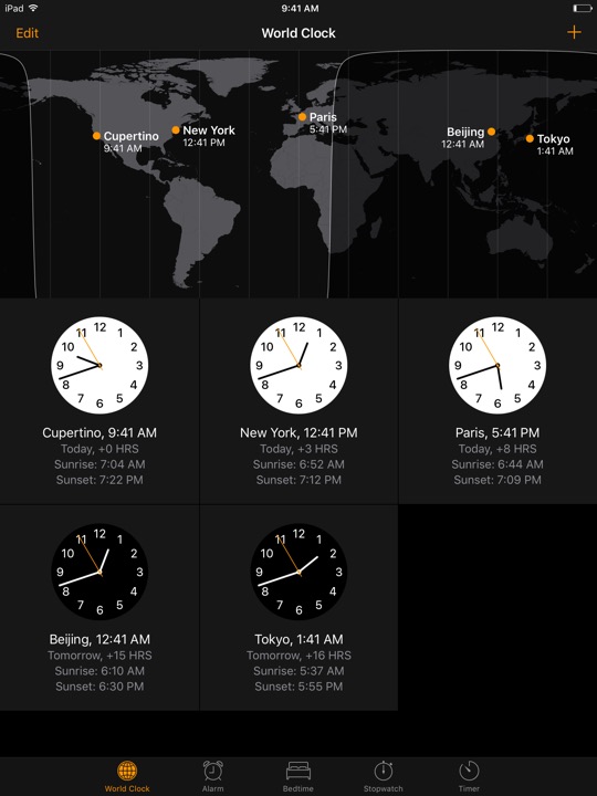 World Clock on iPad (5th generation) + iPad mini 4 running iOS 10.3.3