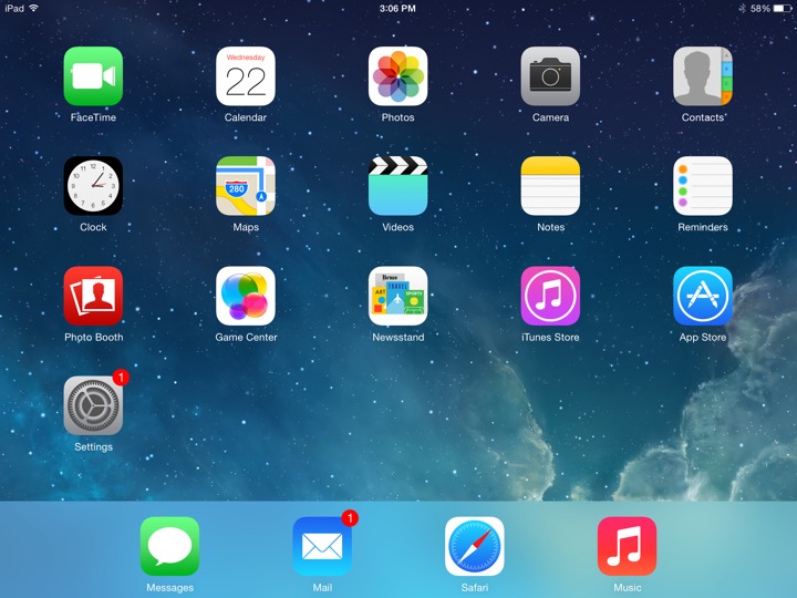 Home Screen Landscape on iPad Air + iPad mini 2 running iOS 7