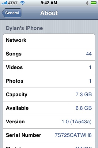 About Settings on iPhone (1st generation) running iPhone OS 1.0