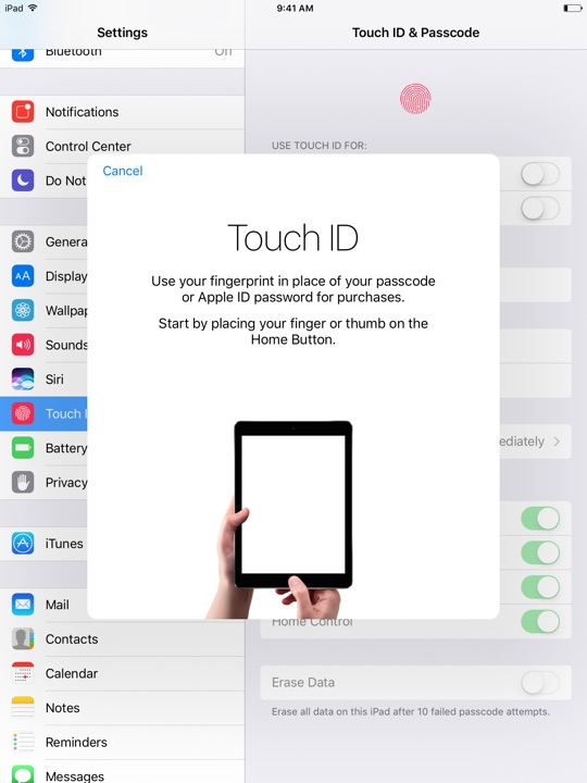 Touch ID Setup 1 Portrait on iPad (5th generation) + iPad mini 4 running iOS 10.3.3